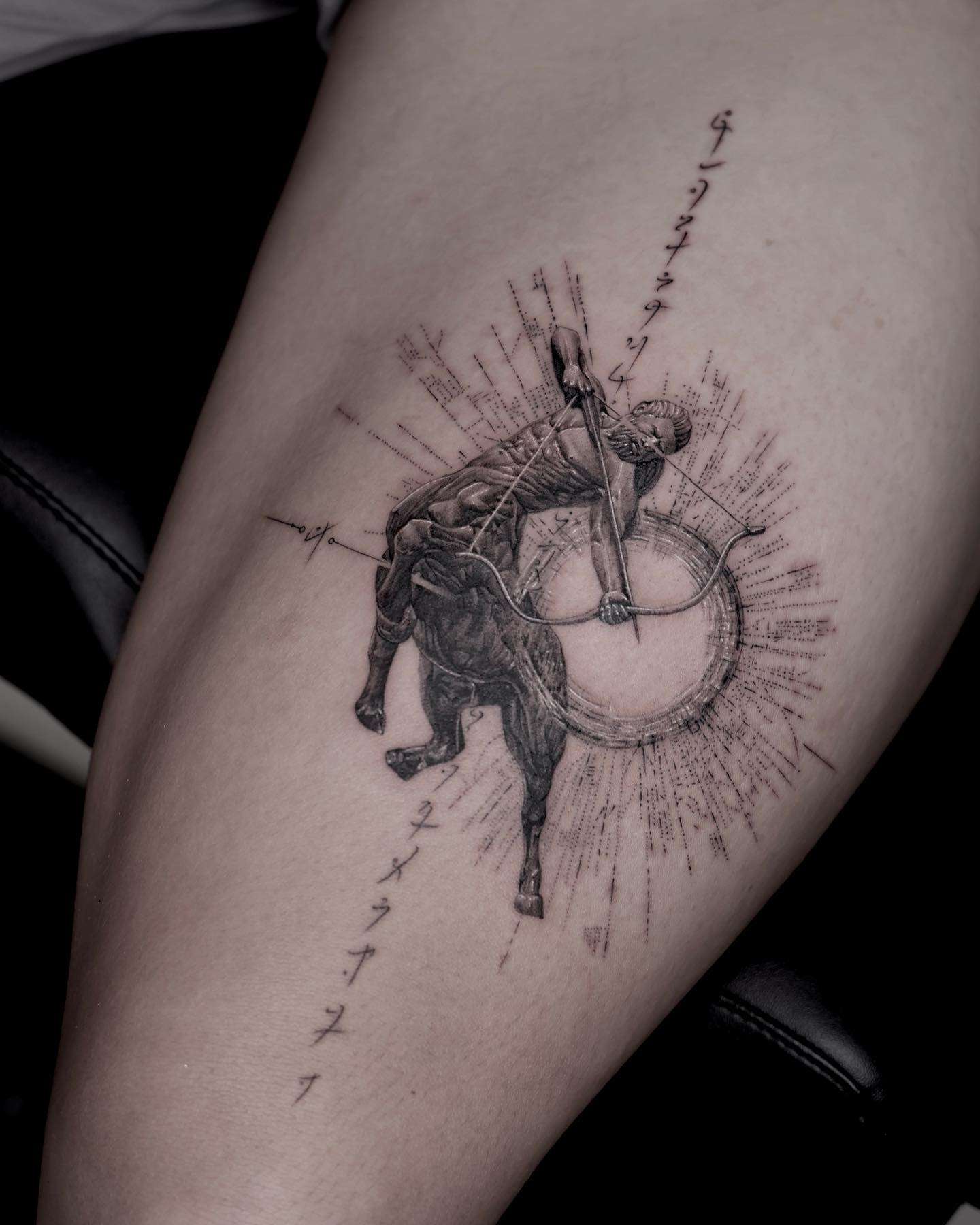 Centaur drawing a Bow against a Backdrop of Fine Lines | selftattoo.com