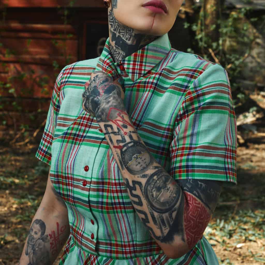 ‘Trash Polka’ Sleeve Tattoo featuring Geometric Patterns, Large Dials and Abstract Shapes | selftattoo.com