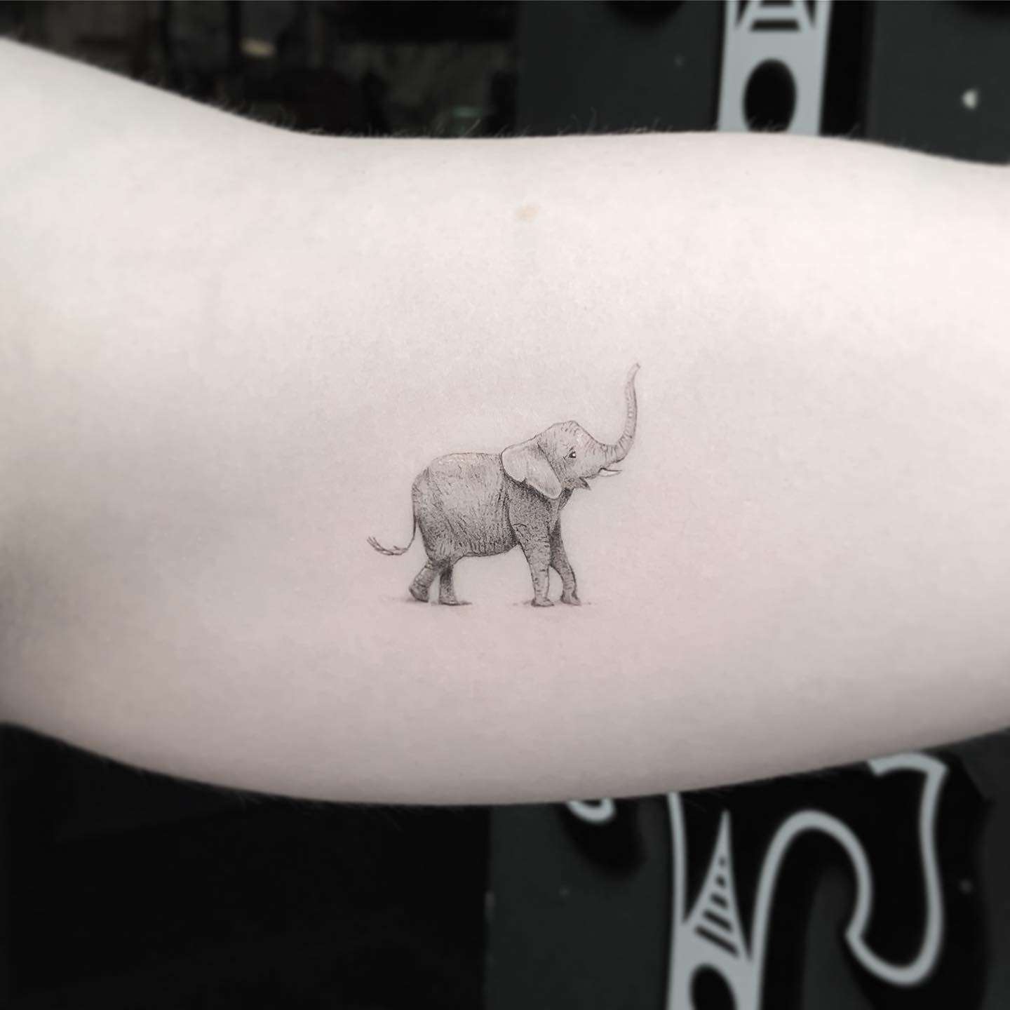 Micro Black and Gray Playful Elephant Tattoo with Fine Lines and Dotwork | selftattoo.com