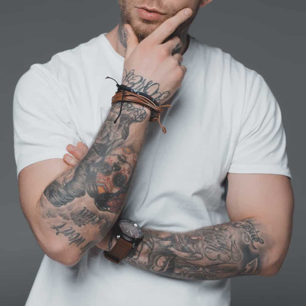 Detailed Mix of Black and Gray Styles of Portraits and Words Forearm Tattoos | selftattoo.com