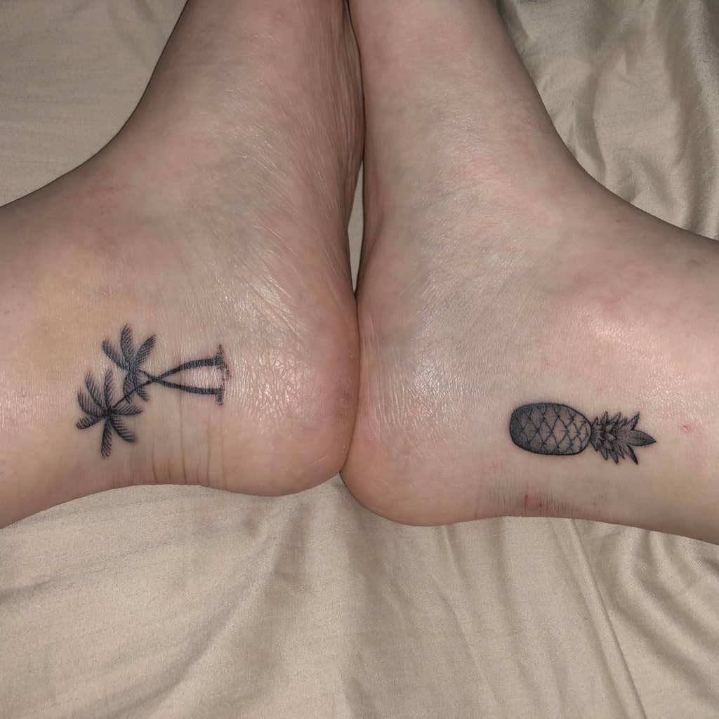 Micro Black and Gray Palm Trees and a Pineapple Ankle Tattoos | selftattoo.com