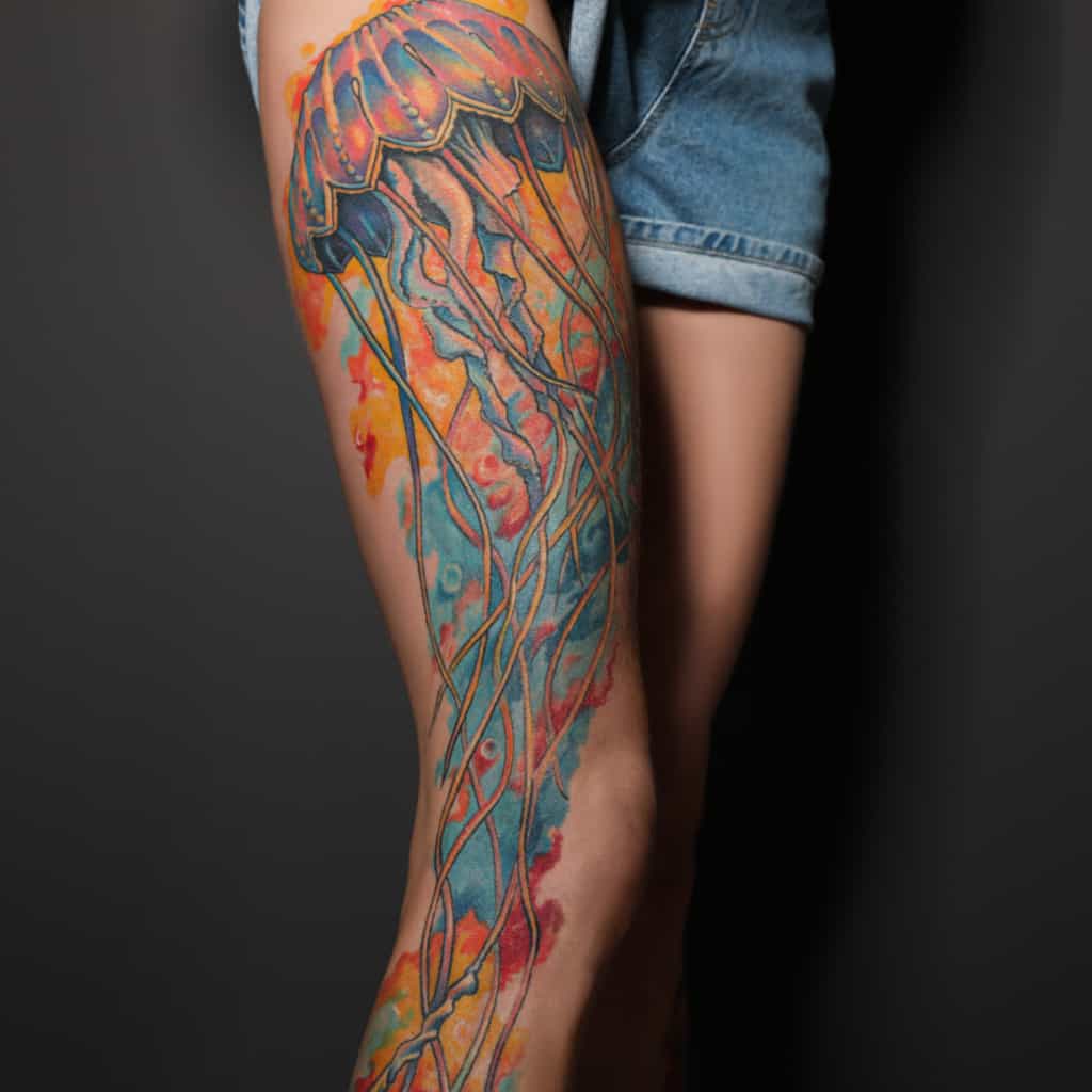 Realistic Jellyfish Leg Tattoo with Long Flowing Tentacles against a Background of Colors | selftattoo.com