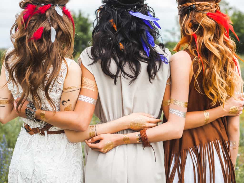 Back of Three Women Together with Arms Wrapped around each other with Temporary Tattoos | selftattoo.com