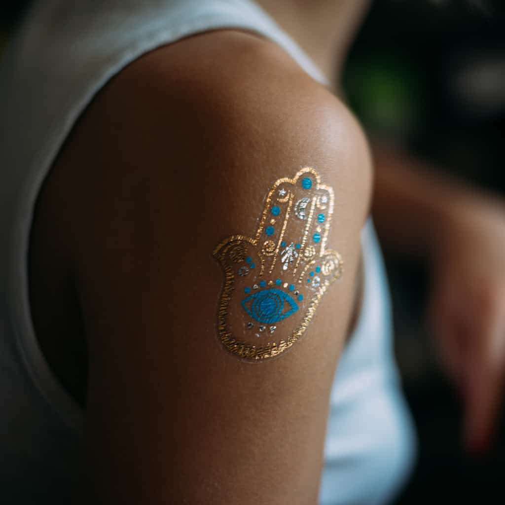 Gold and Blue Hamsa Hand Upper Arm Temporary Tattoo | selftattoo.com