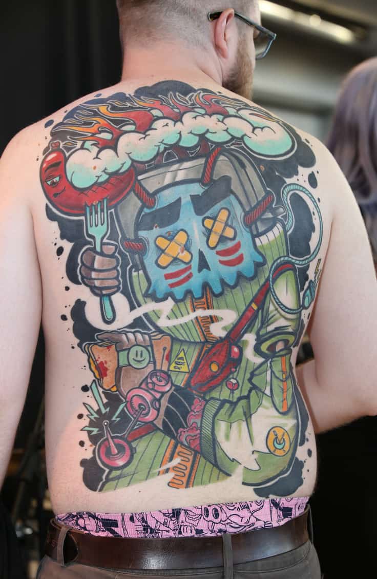 Colorful New School Style Full Back Tattoo of a Cartoonish Skull with a Machine Body | selftattoo.com