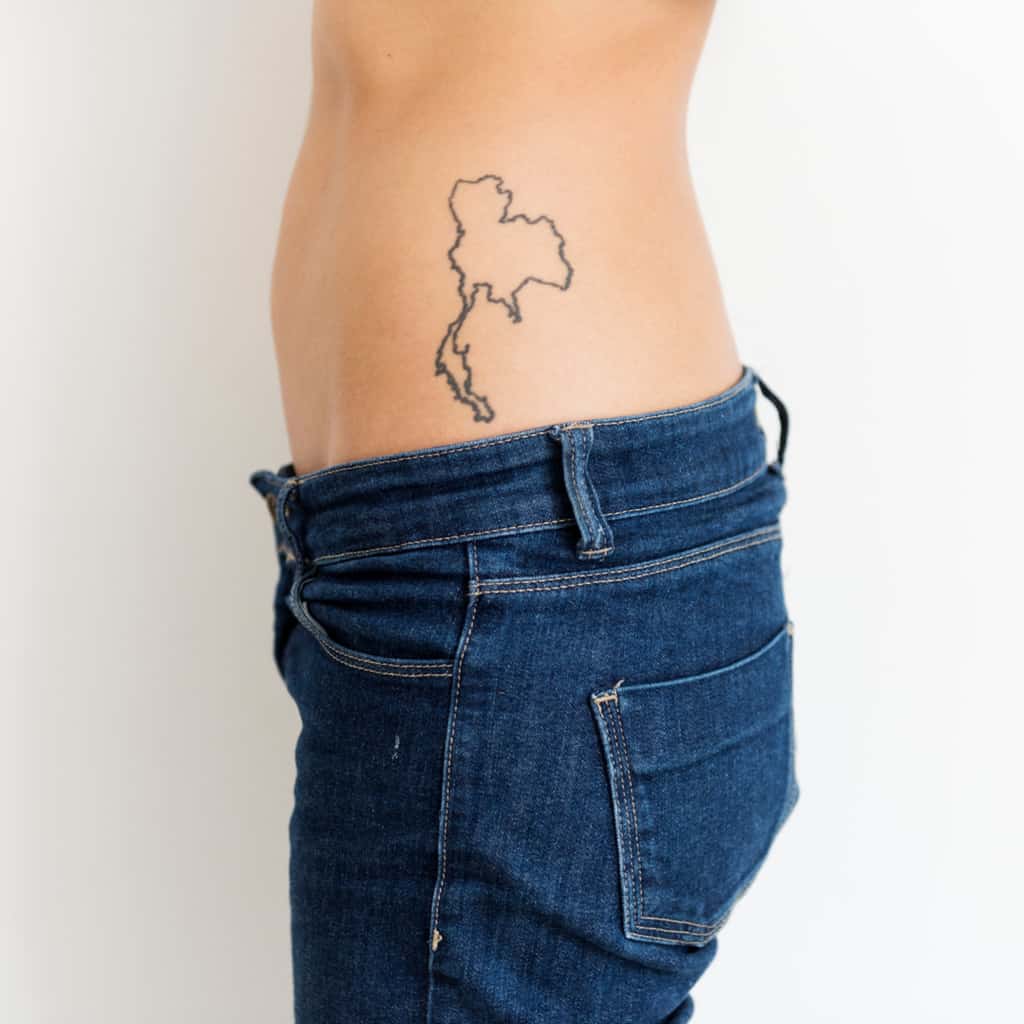 Simple Minimalist Black Outline of the Map of Thailand Side of Body Tattoo | selftattoo.com