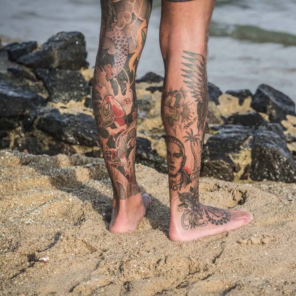Traditional Japanese Koi Fish and Mixed Media Calf Tattoos | selftattoo.com