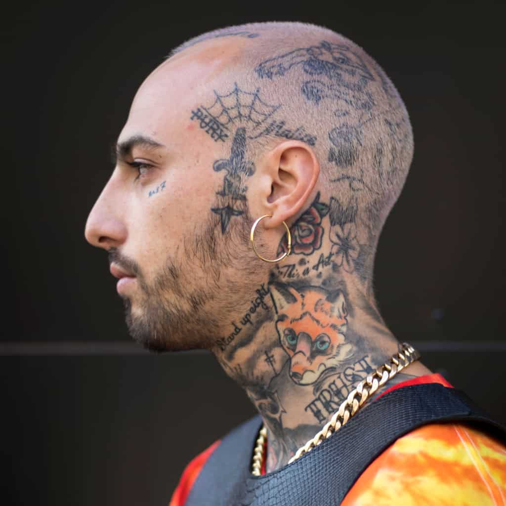 Patchwork and American Traditional Style Head and Neck Tattoos | selftattoo.com