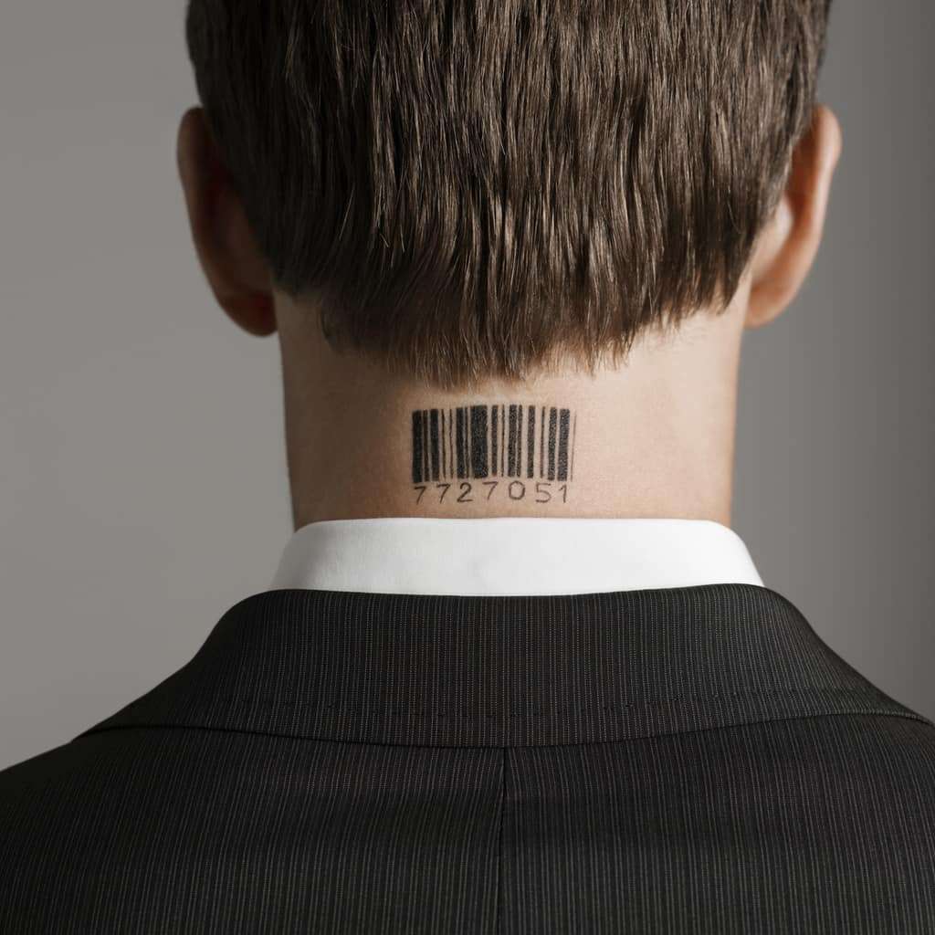 Barcode Behind the Neck Tattoo with Numbers Beneath the Lines | selftattoo.com