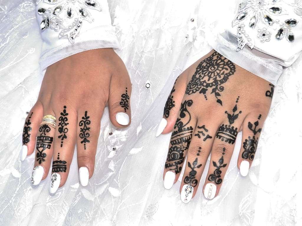 Traditional Floral and Vine Patterns with Decorative Bands Hand and Finger Jagua Tattoo | selftattoo.com