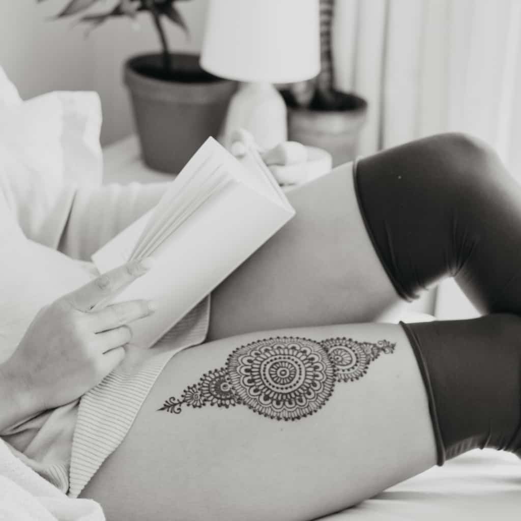 Detailed Circular Mandala with Smaller Patterns on either side Jagua Thigh Tattoo | selftattoo.com