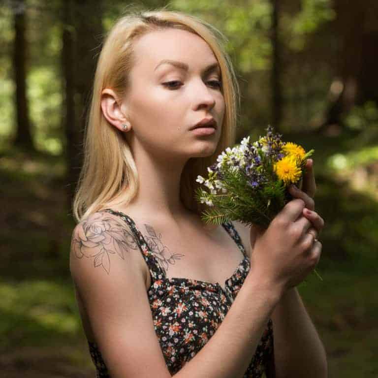 Black and Gray Outline of Flowers and Leaves Shoulder Tattoo | selftattoo.com