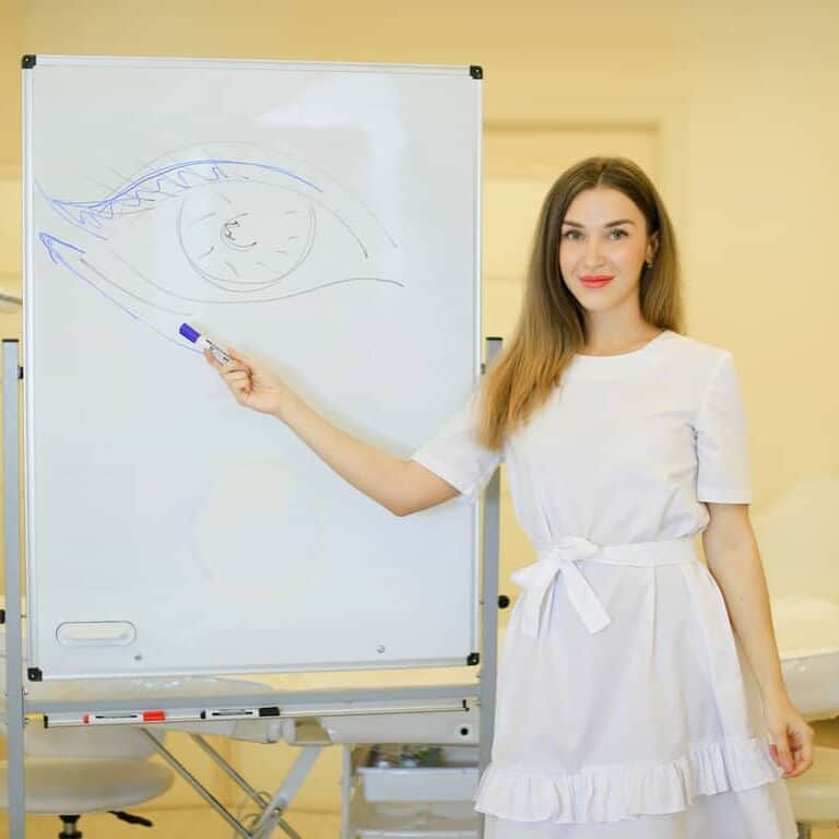 Cosmetic Professional standing next to a Whiteboard pointing to a Drawing of an Eye | selftattoo.com