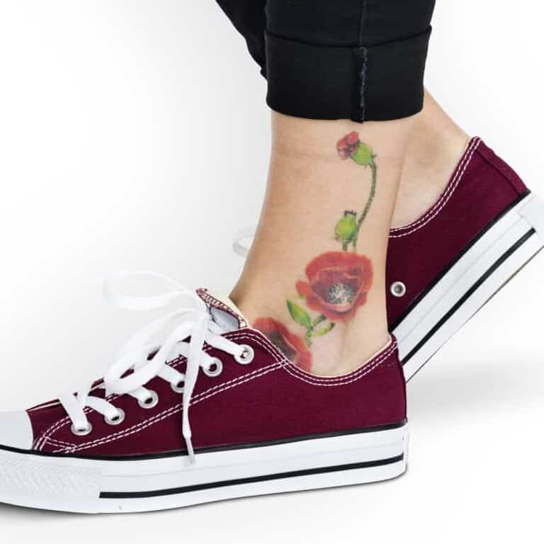 Delicate Realistic Red Poppies with a Slender Stem and Buds Ankle Tattoo | selftattoo.com