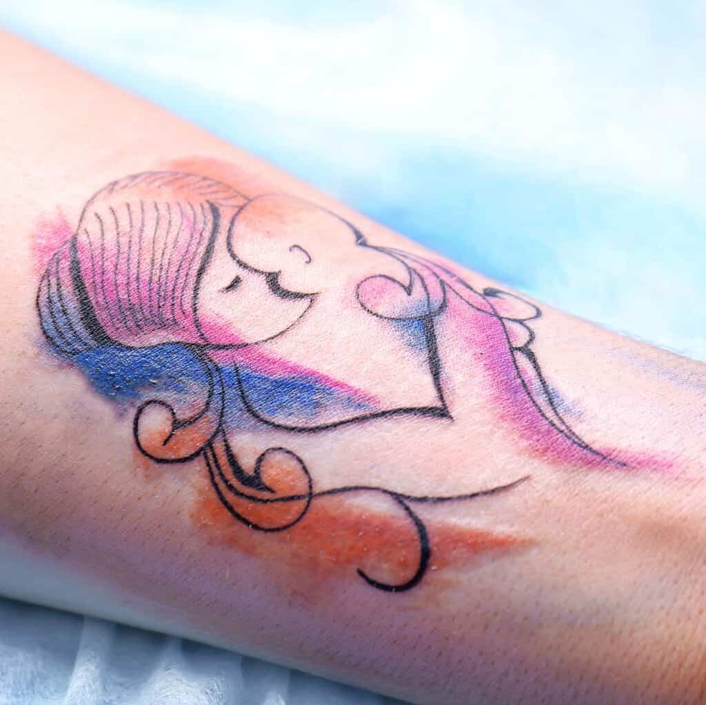 Colorful Mother and Baby Minimalist Tattoo | selftattoo.com