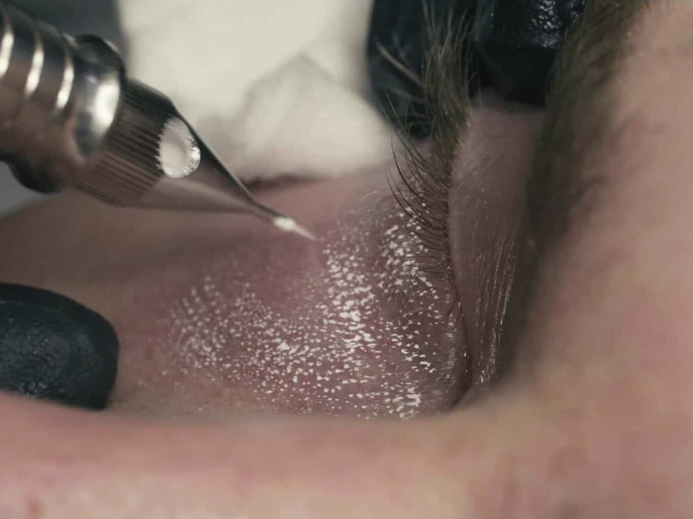 Close-up of a Cosmetic Tattoo Machine applying Tiny Dots to cover up Dark Circles under the Eye | selftattoo.com