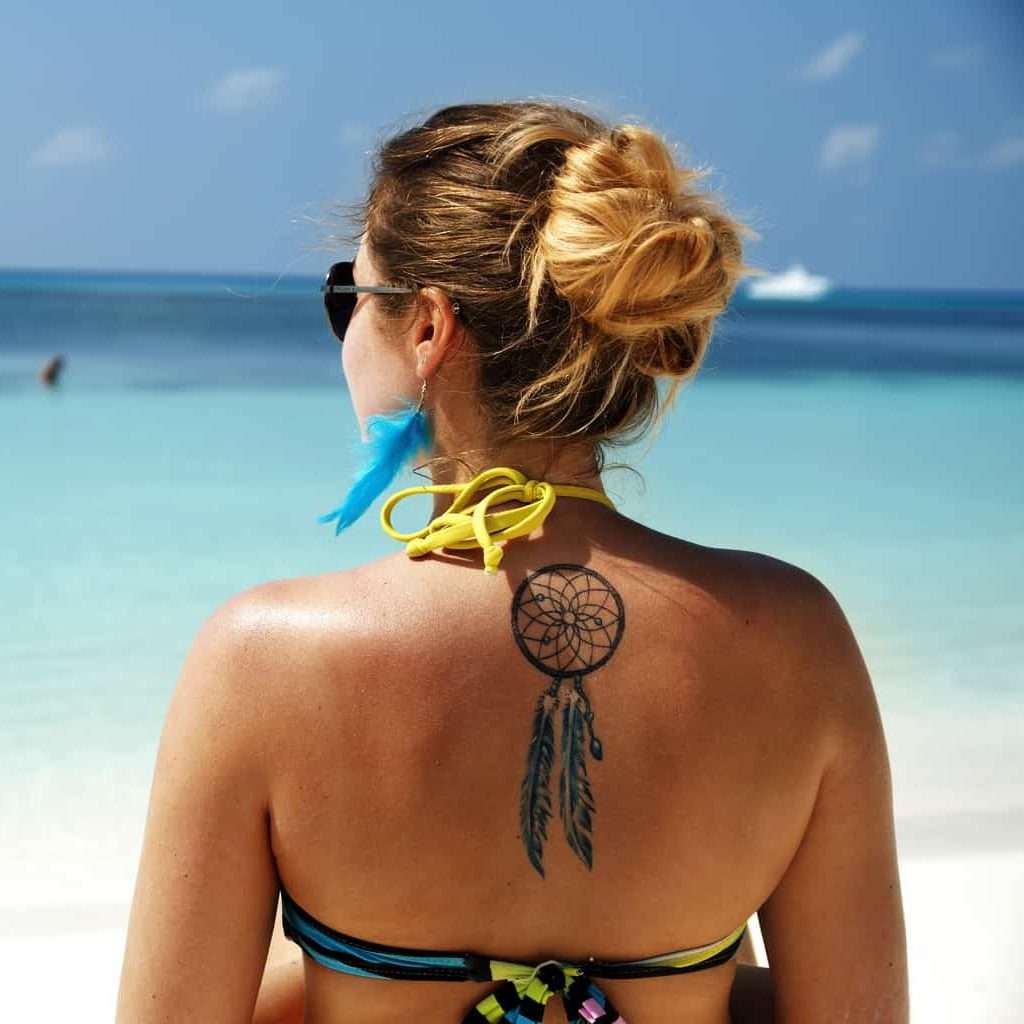 Dreamcatcher Back Tattoo with Two Feathers | selftattoo.com