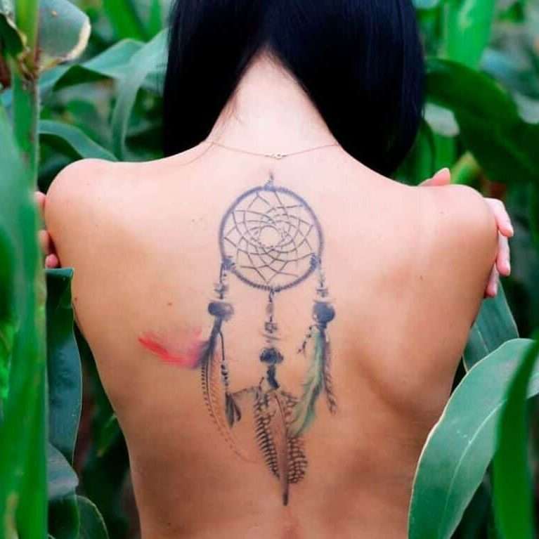 Detailed Large Back Tattoo of a Dreamcatcher featuring Intricate Colorful Feathers | selftattoo.com