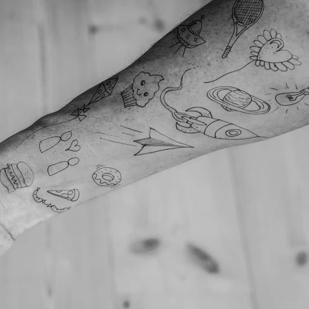 Collection of Small Whimsical and Playful Tattoos on Forearm | selftattoo.com