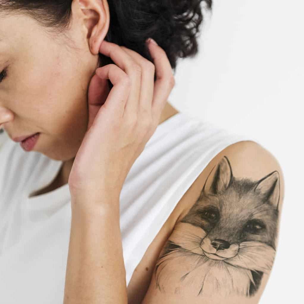 Realistic Black and Gray Fox Portrait with Fine Lines Shoulder Tattoo | selftattoo.com