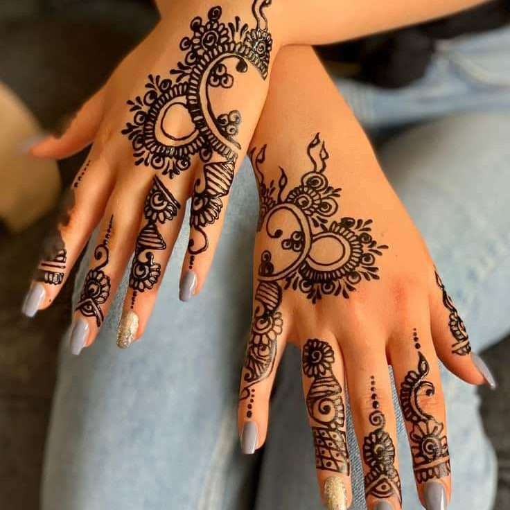 Detailed Symmetrical Swirling Patterns with Lines and Dots Hand and Finger Jagua Tattoo | selftattoo.com